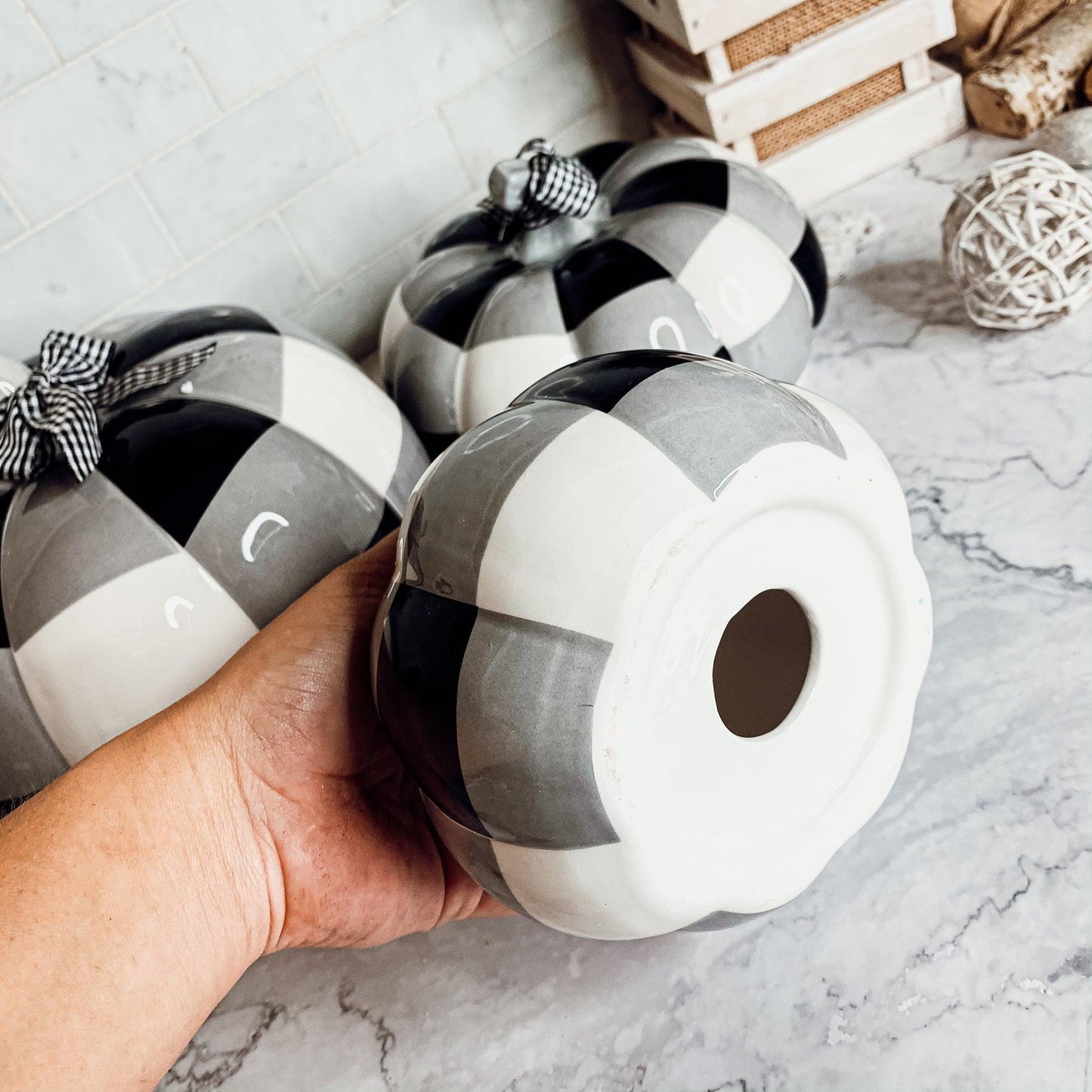 Gray Pumpkin Decor with Ribbon