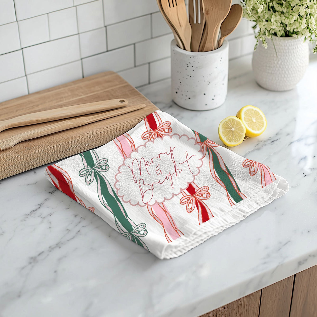 Christmas kitchen towel coquette style
Ribbon bow Christmas kitchen towel
Holiday kitchen linens ribbon design