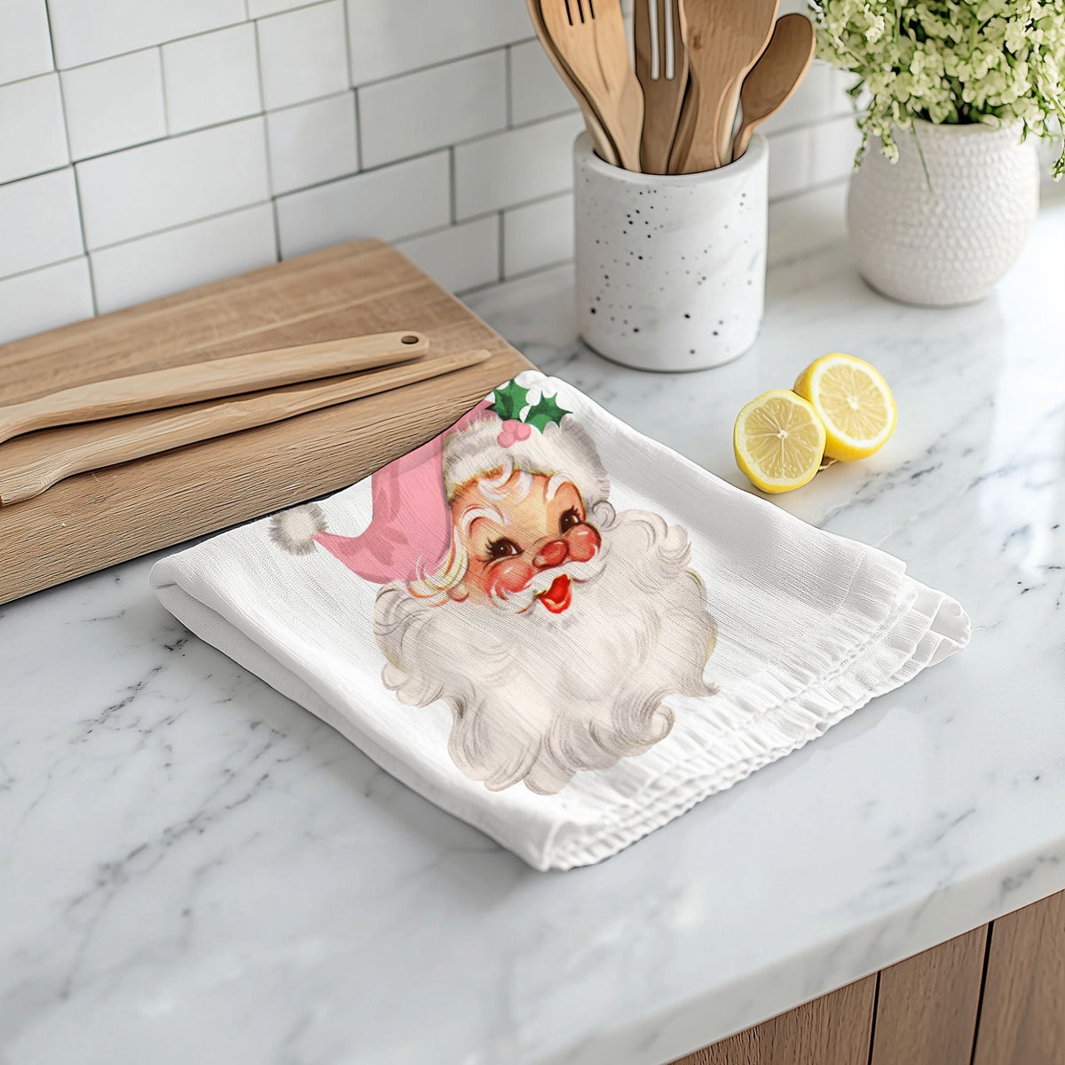 Pink Santa holiday kitchen towel
Vintage Christmas kitchen towel pink Santa
Pink Santa kitchen decor towel
Christmas pink Santa kitchen accessories