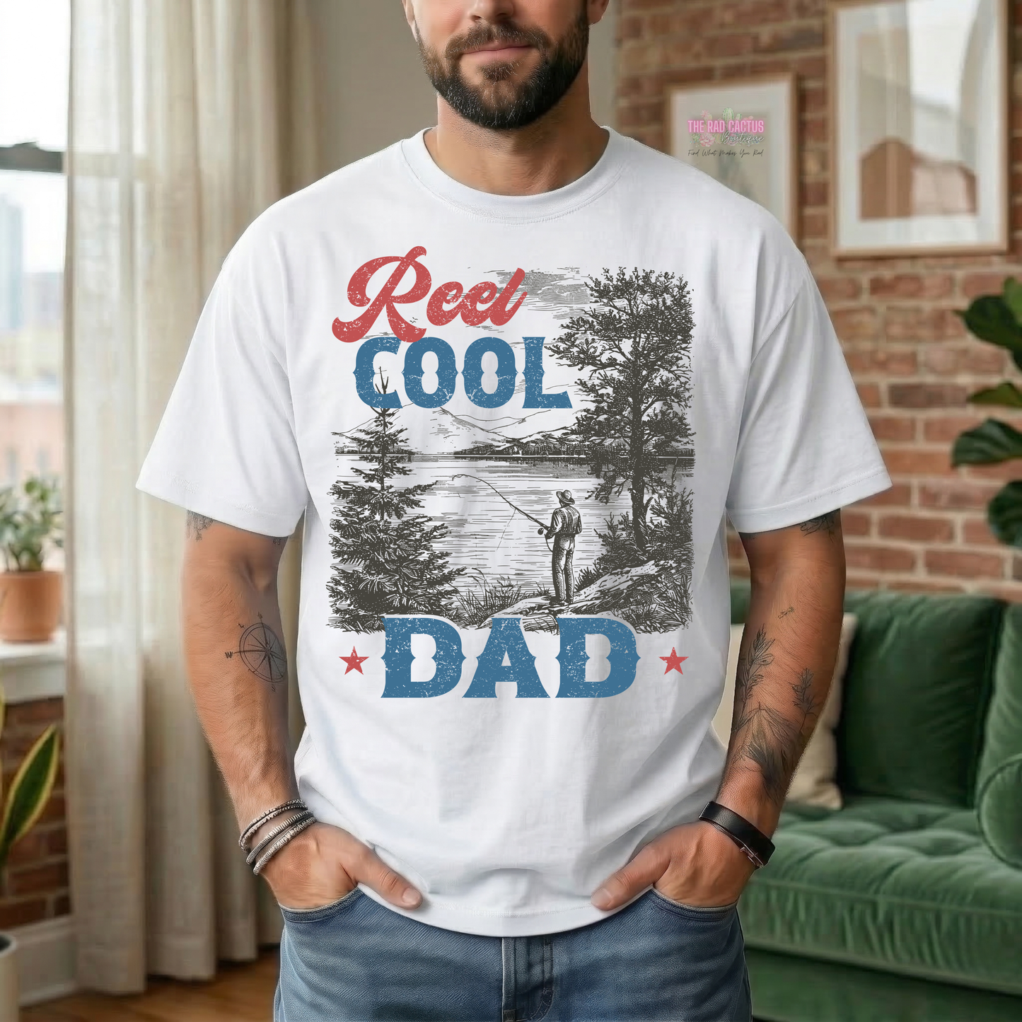 Reel Cool Dad Fishing Scene Graphic Tee or Crewneck Sweatshirt