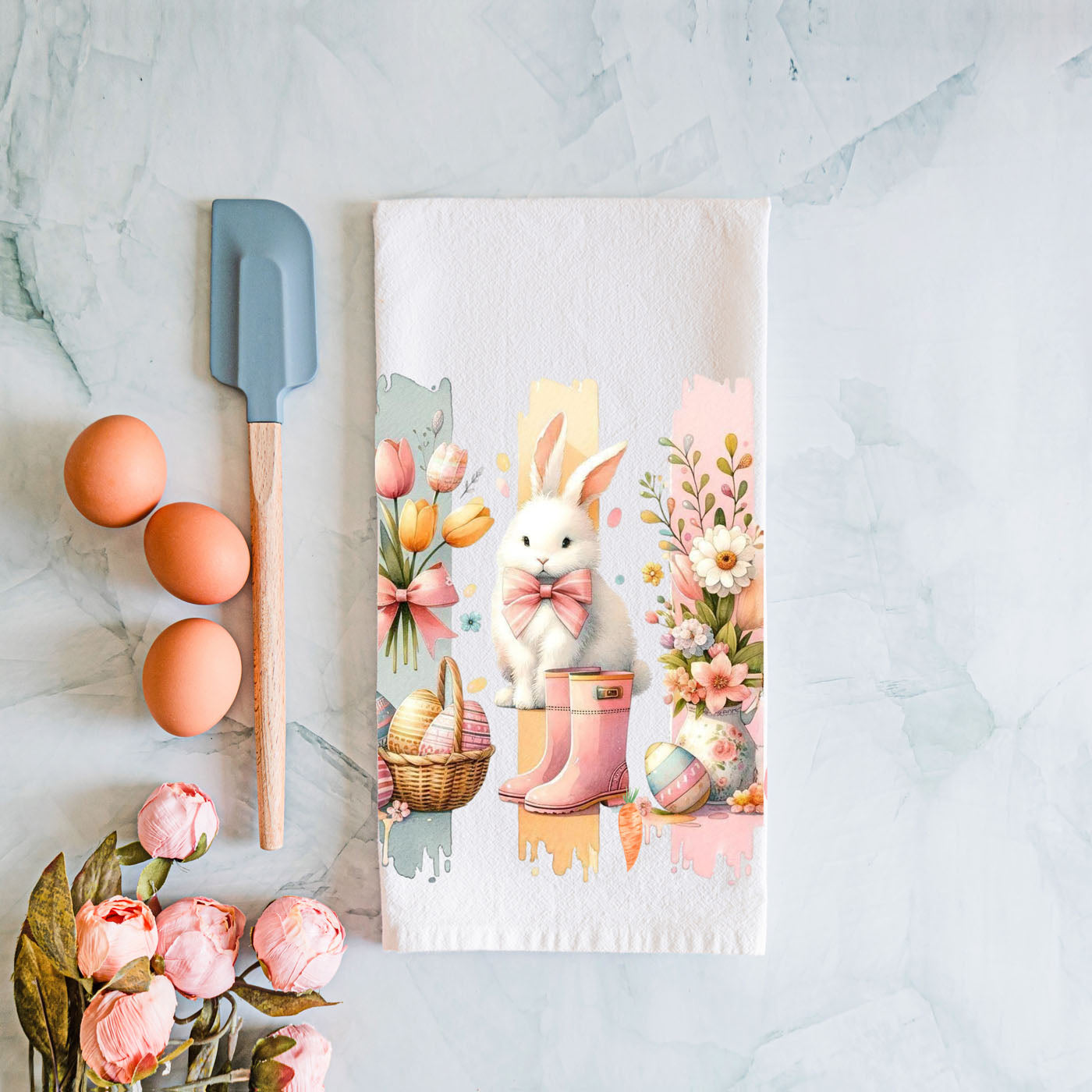 Spring bouquet watercolor towel bunny eggs design
Watercolor painting kitchen towel Easter bunny tulips
Artistic floral Easter towel watercolor bunny boots
Spring color palette kitchen towel watercolor bunny