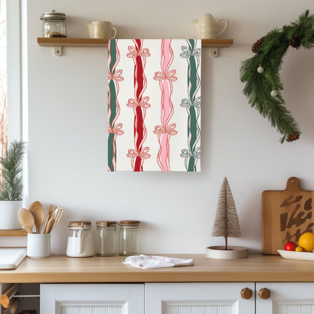 Christmas kitchen color coordination
Festive kitchen styling towel
Holiday kitchen decor styling
Christmas kitchen accent pieces