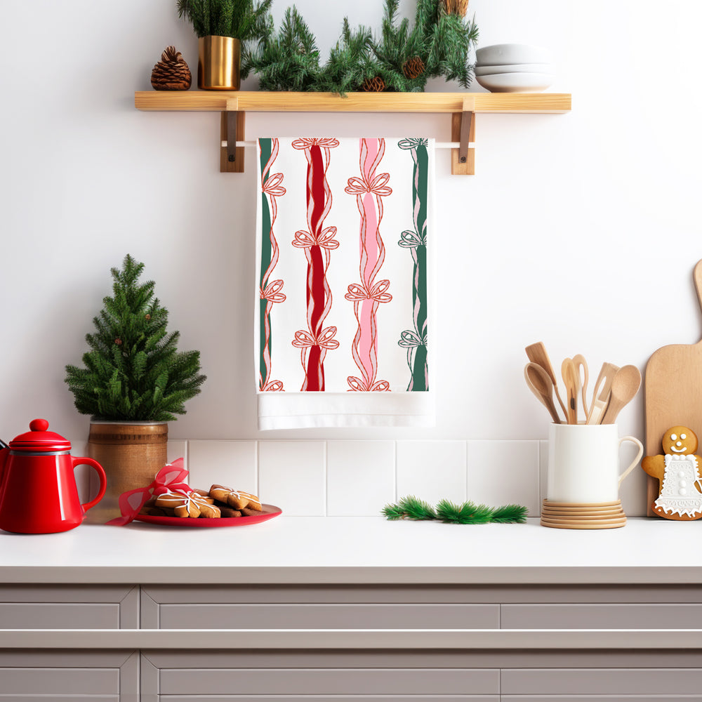 Pink green red white Christmas towel
Christmas kitchen towel color scheme
Holiday kitchen towel pink green red
Festive color Christmas kitchen towel