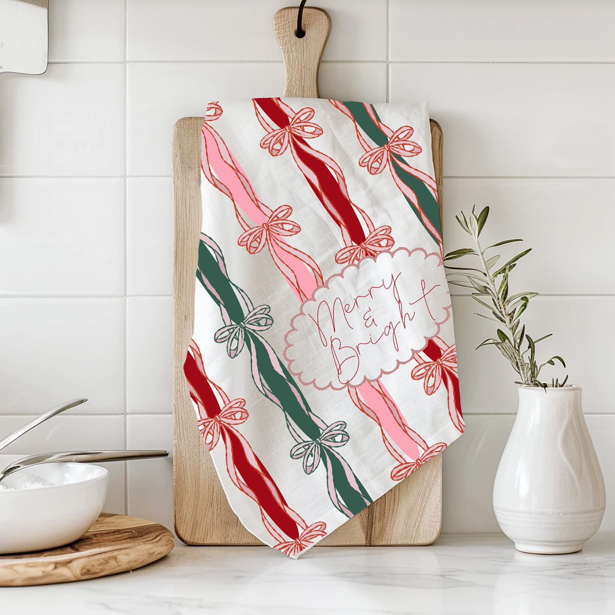 Christmas present kitchen towel
Coquette Christmas kitchen towel bow design
Bow aesthetic Christmas kitchen decor