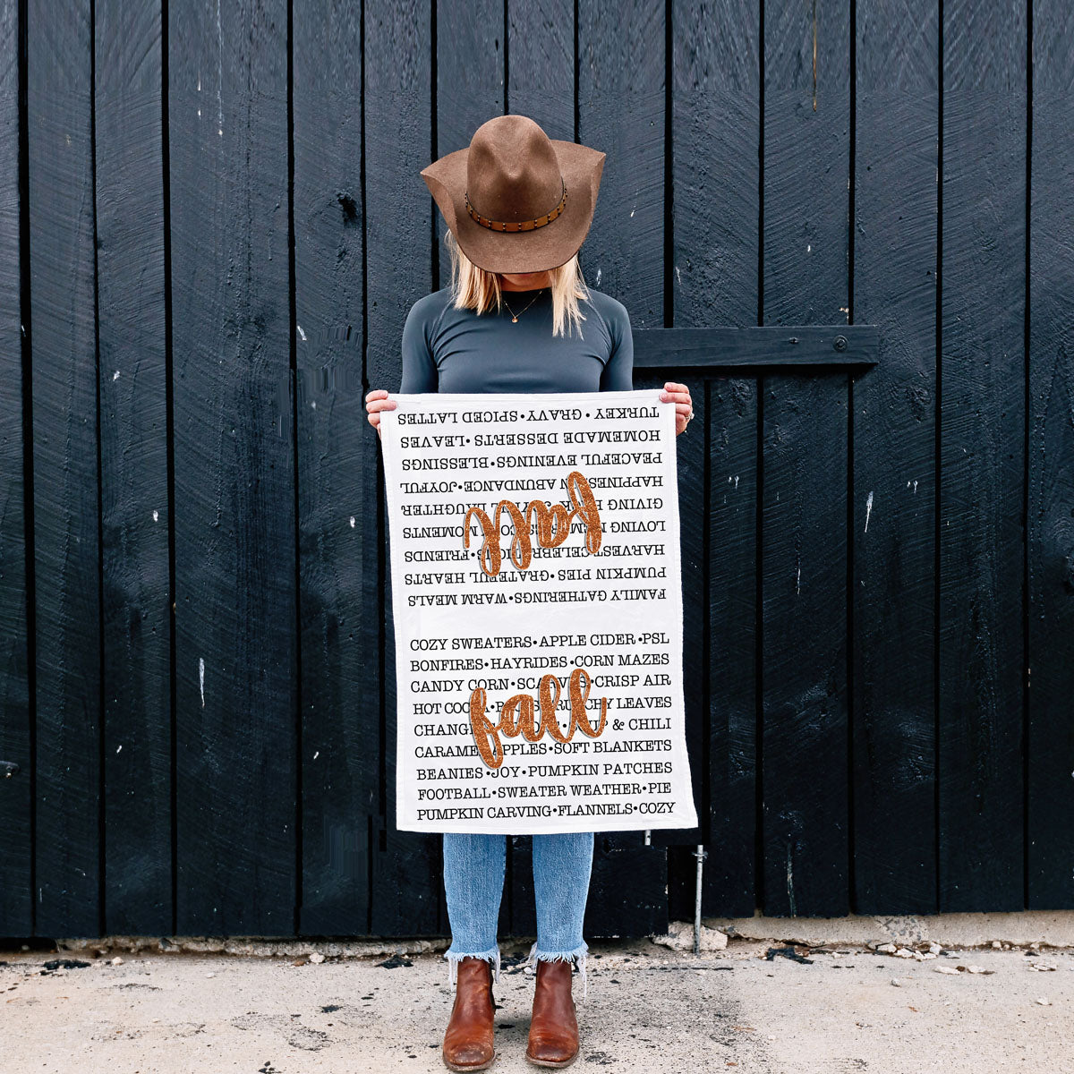 autumn kitchen towel with words bonfires hayrides corn mazes
cozy fall words tea towel for coffee bar decor
football and chili fall words kitchen towel
flour sack fall towel featuring seasonal word collage