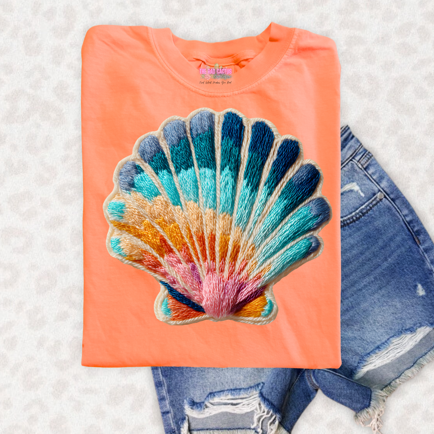Faux Embroidered Rainbow Shell Graphic Tee or Crewneck Sweatshirt