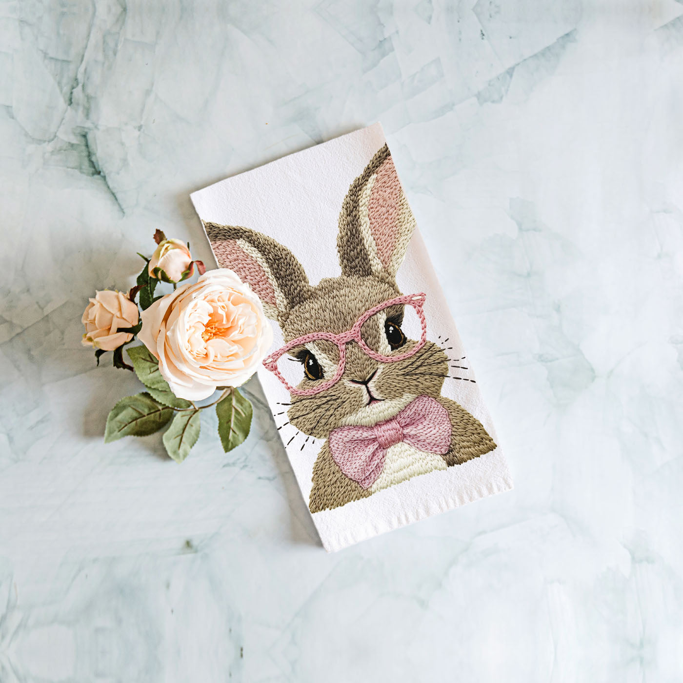 Blue Bunny: Blue embroidered glasses, blue bow tie, natural tan fur
Pink Bunny: Pink embroidered glasses, pink bow tie, natural tan fur