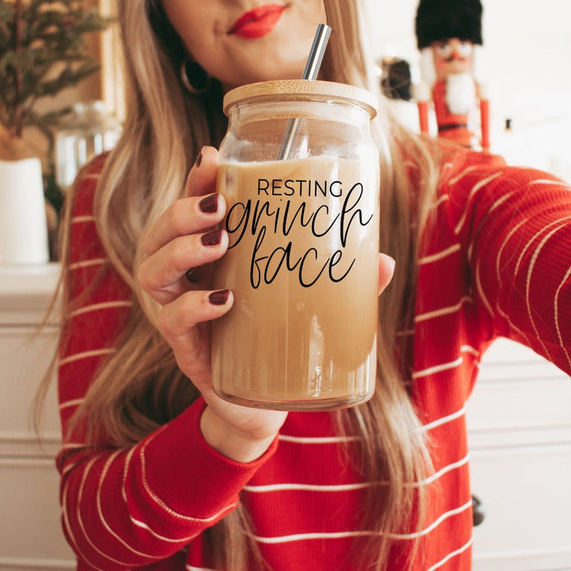 Resting Grinch Face Glass Cup
