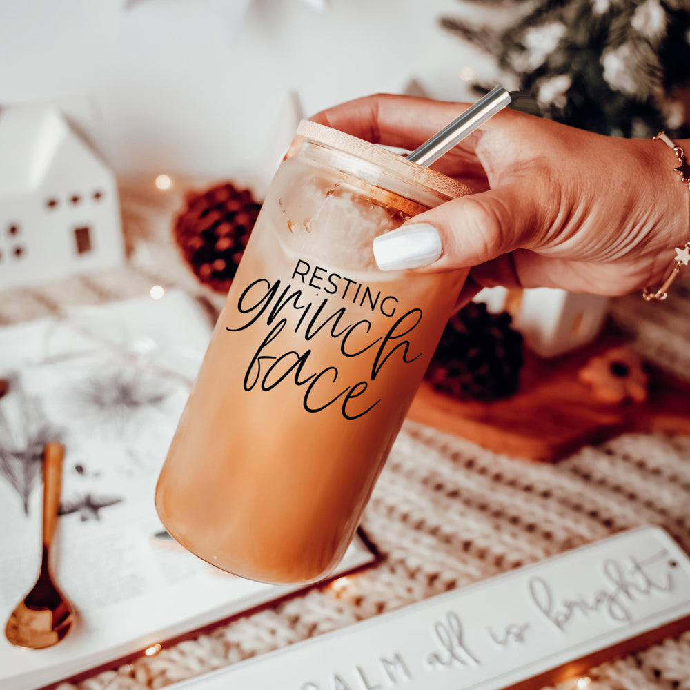 Resting Grinch Face Glass Cup