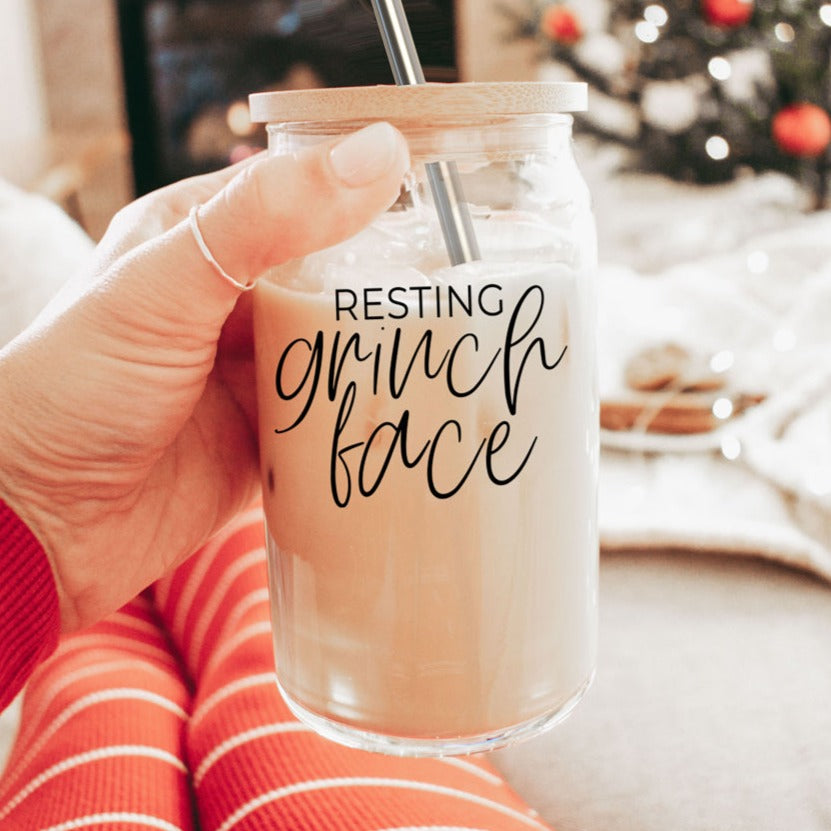 Resting Grinch Face Glass Cup