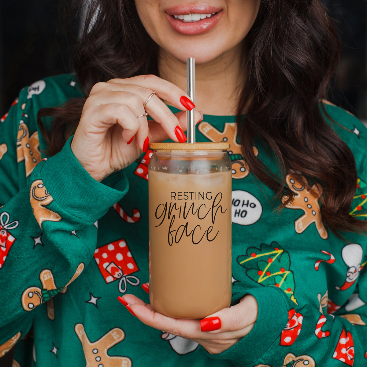 Resting Grinch Face Glass Cup