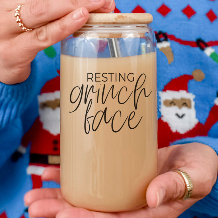 Resting Grinch Face Glass Cup