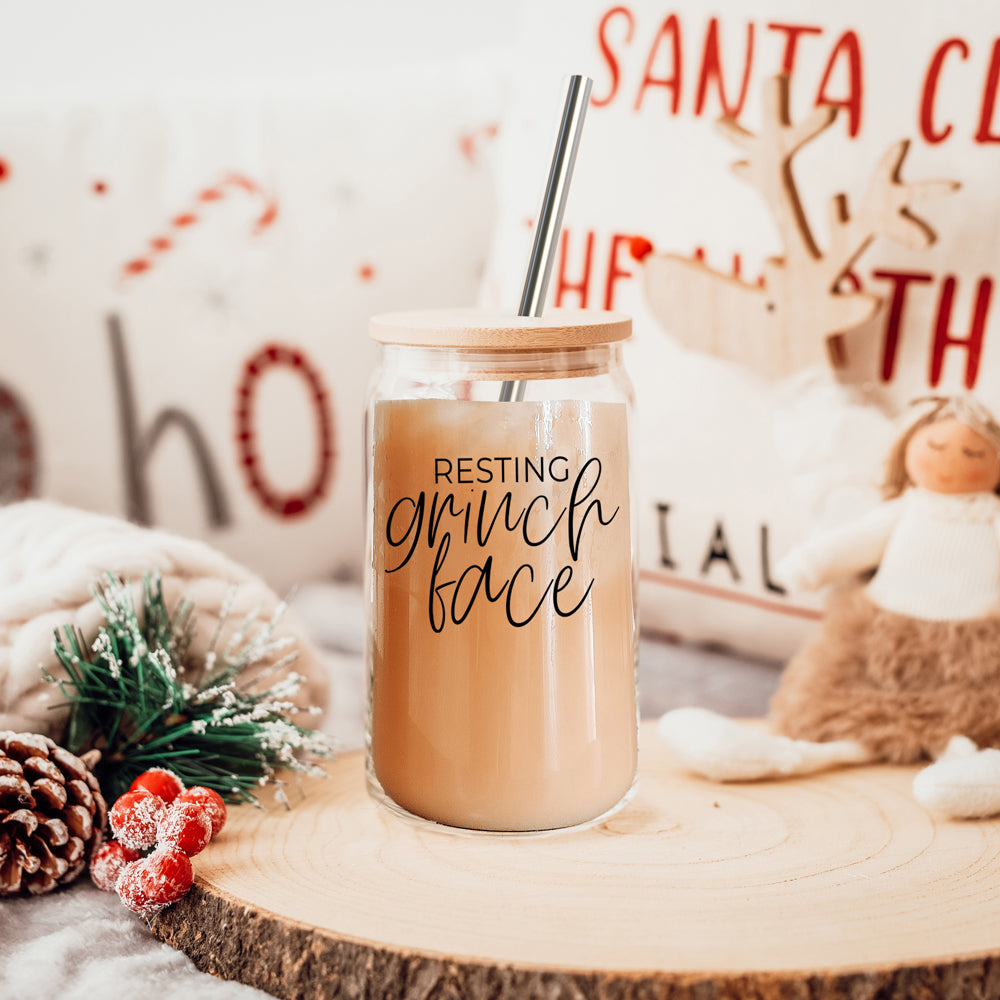 Resting Grinch Face Glass Cup
