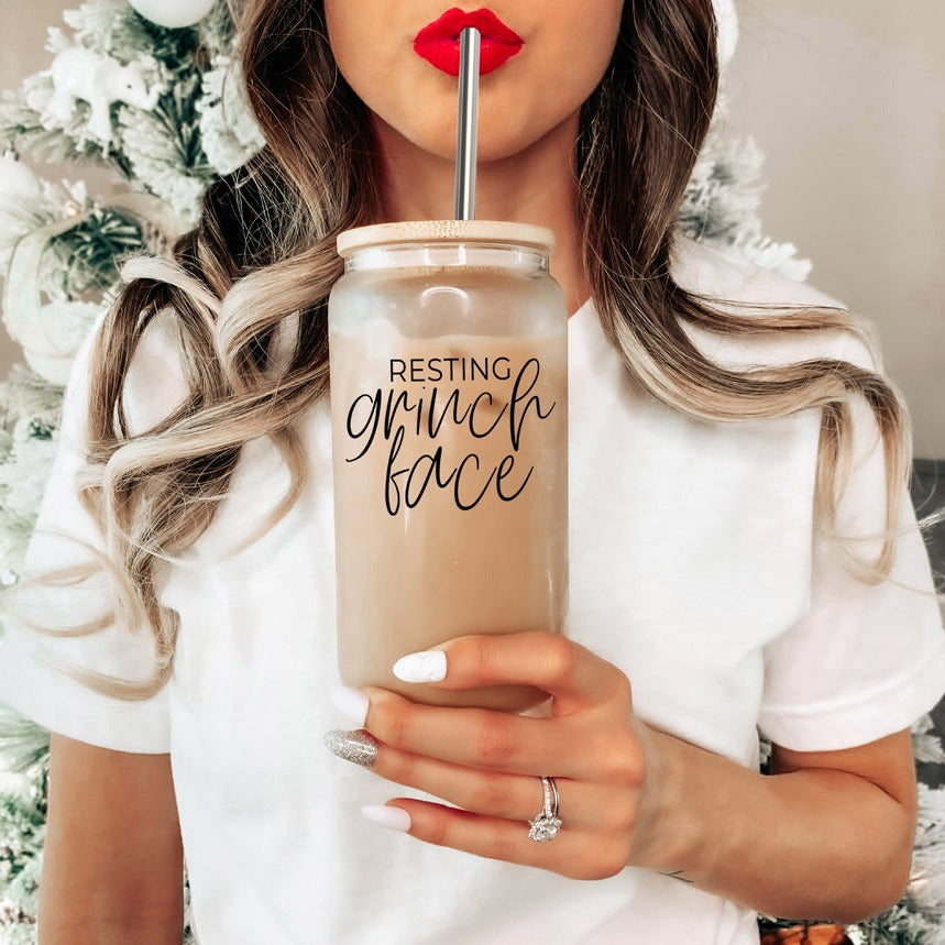 Resting Grinch Face Glass Cup