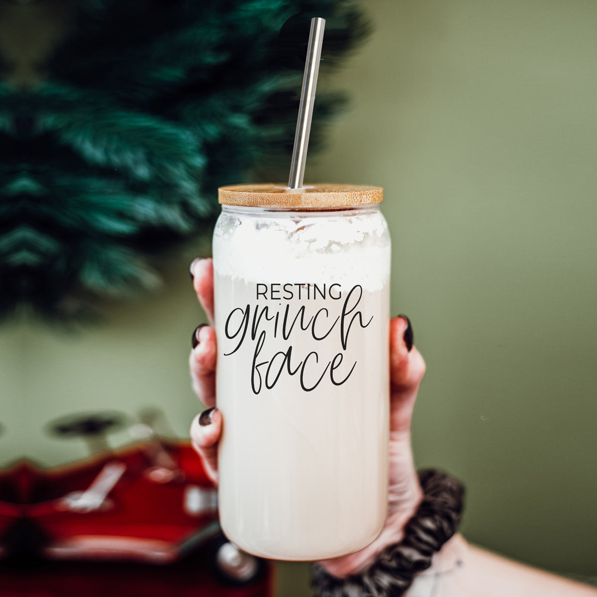 Resting Grinch Face Glass Cup