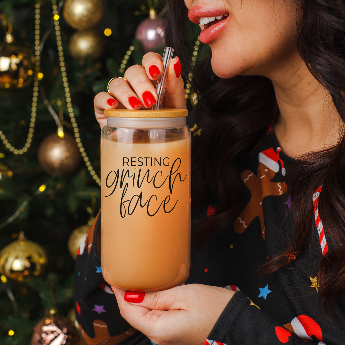 Resting Grinch Face Glass Cup