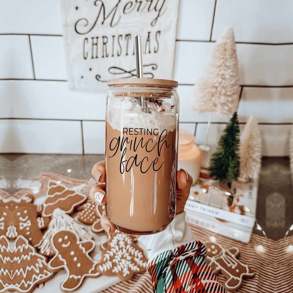 Resting Grinch Face Glass Cup