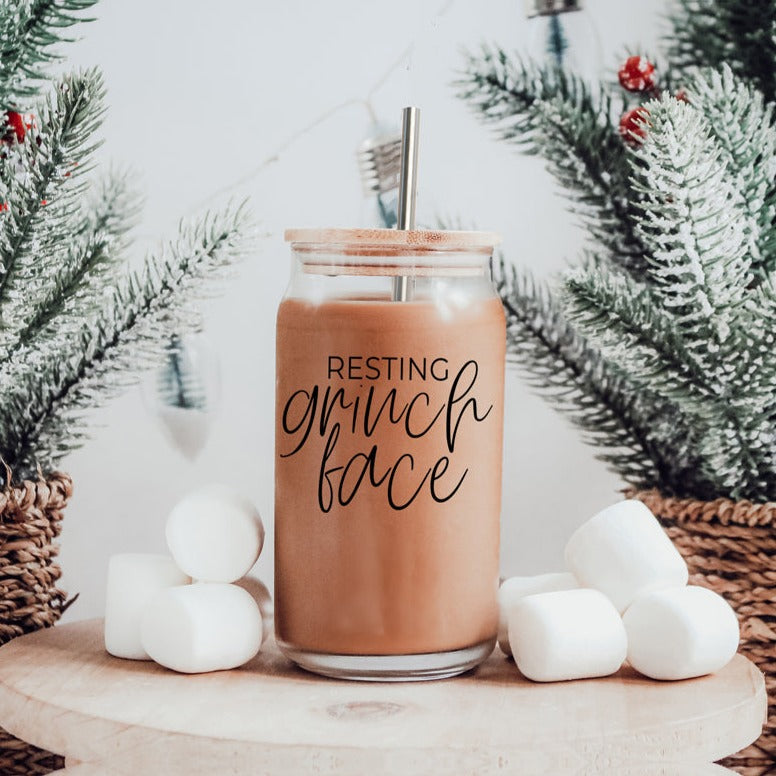 Resting Grinch Face Glass Cup