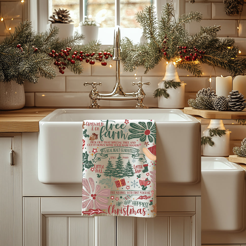 Holiday tree lot kitchen towel design
Christmas tree hunting kitchen decor
Tree farm holiday kitchen towel