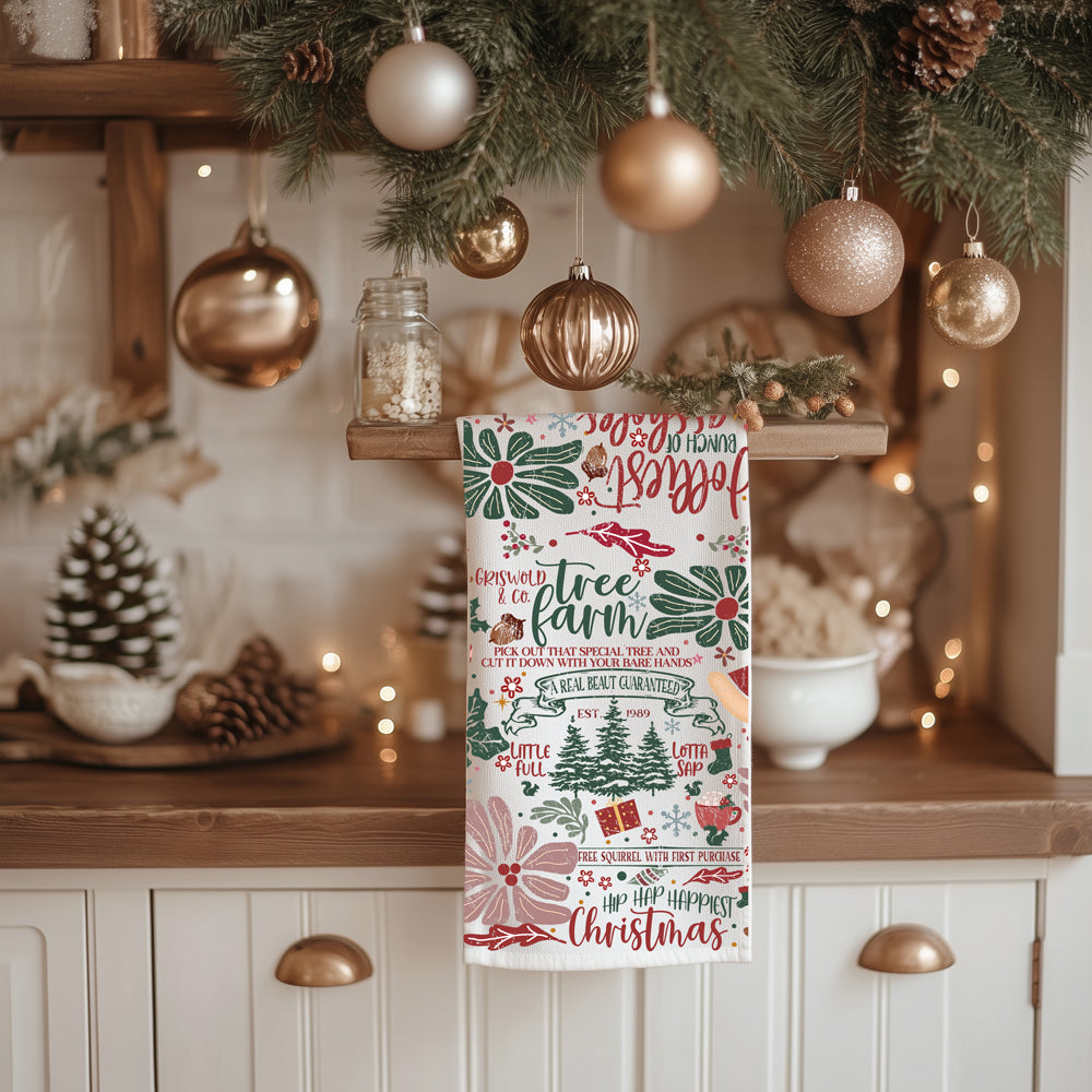 Holiday tree lot kitchen towel design
Christmas tree hunting kitchen decor
Tree farm holiday kitchen towel