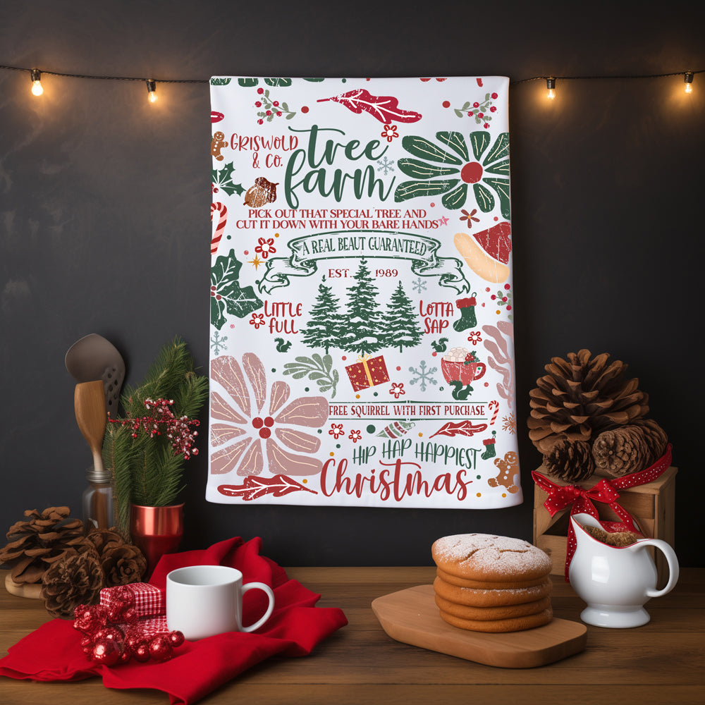 Holiday tree farm kitchen decor
Christmas tree cutting kitchen towel
Tree farm Christmas kitchen accessories