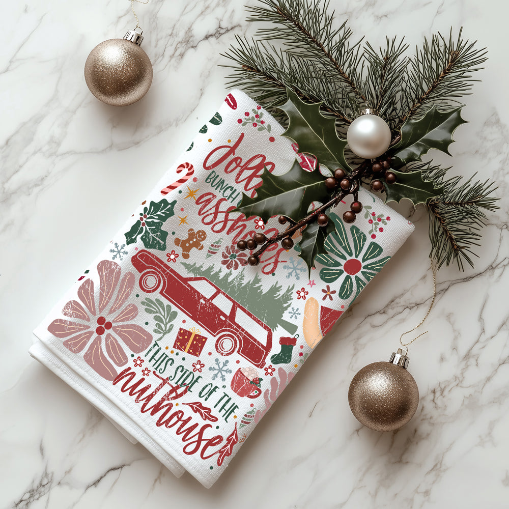 Sarcastic Christmas kitchen accessories
Humorous holiday kitchen decor
Comedy Christmas kitchen towel