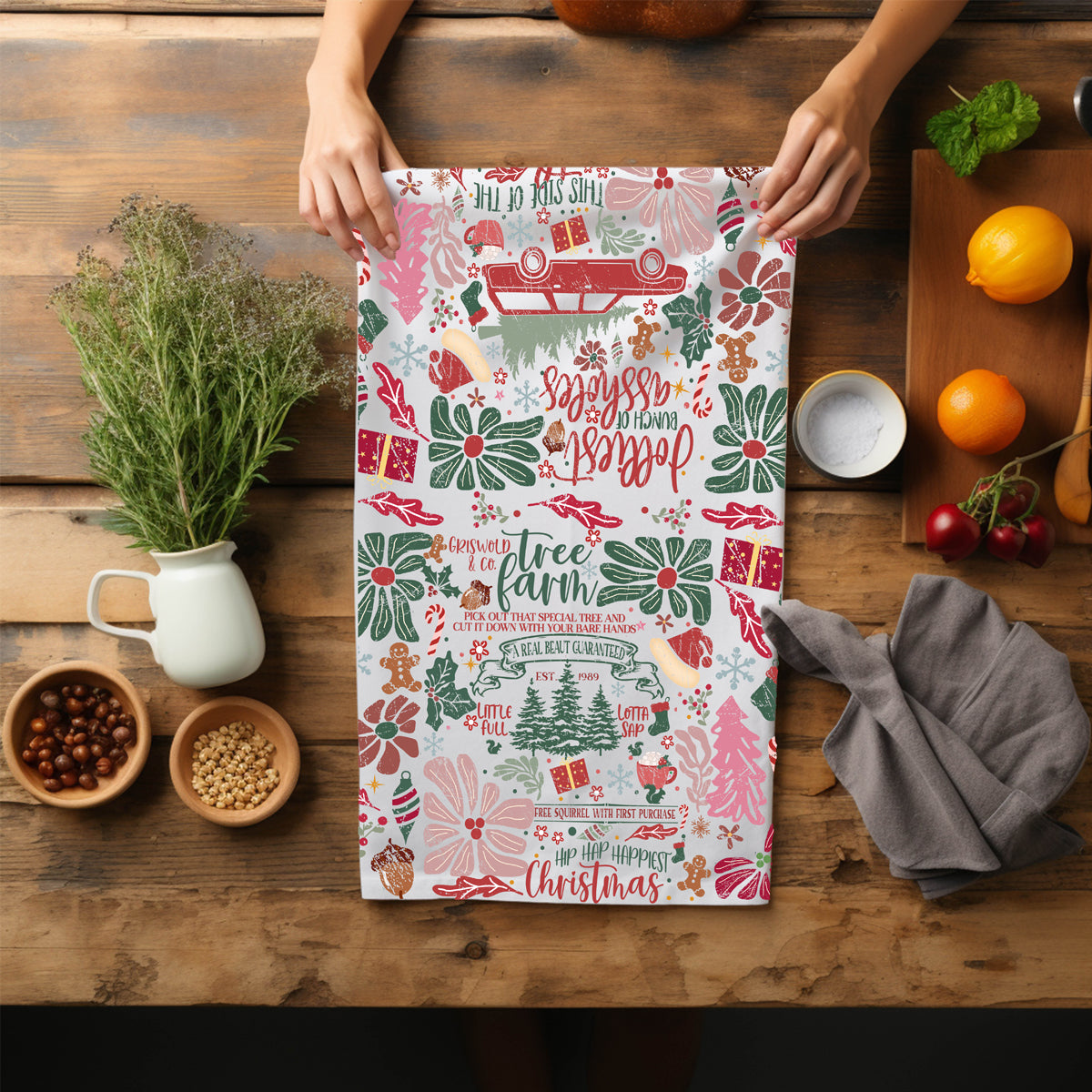 Classic Christmas kitchen towel tree farm
Nostalgic holiday kitchen decor towel
Traditional Christmas kitchen towel