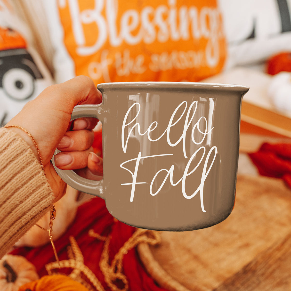 hello fall mug perfect for fall photo props
hello fall autumn coffee mug for leaf peeping days
hello fall mug paired with candle and blanket