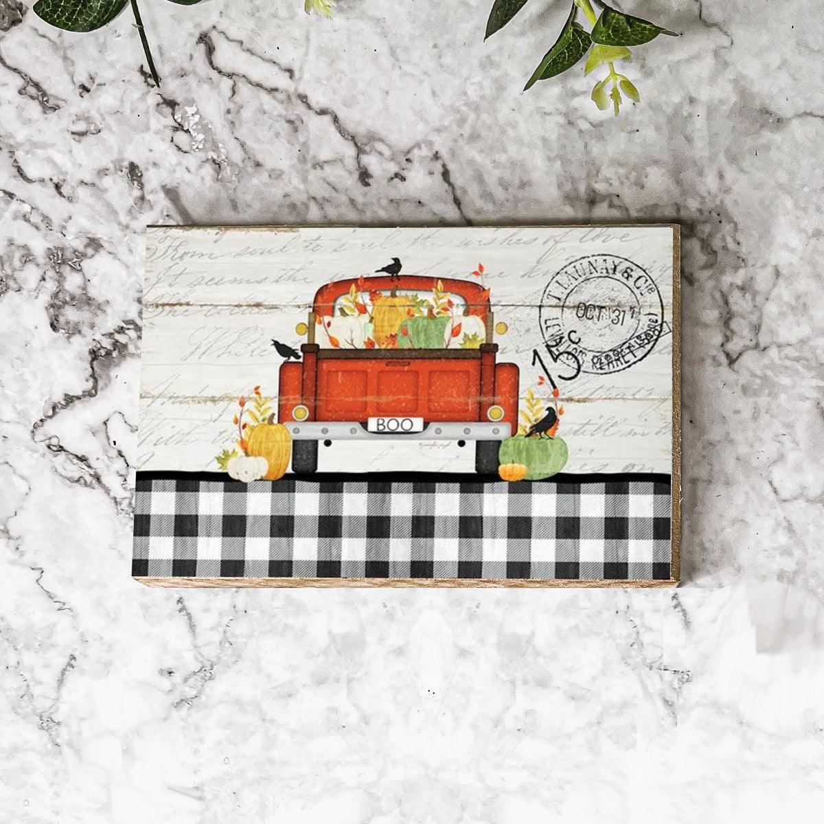 Orange Vintage Truck with Pumpkins in the Back and Black and white Gingham Base Design, Pumpkins 15 Cent Sign