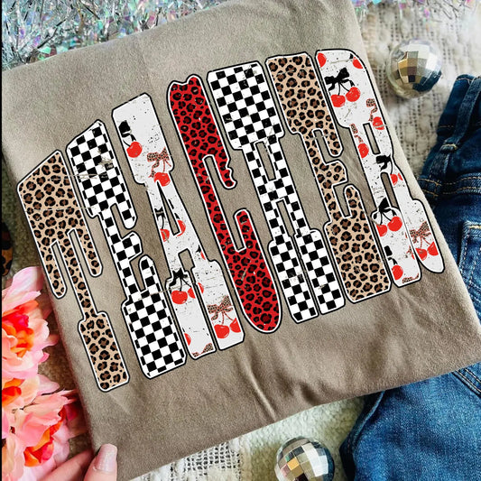 Teacher Cherry Checker Leopard Tee/Sweatshirt