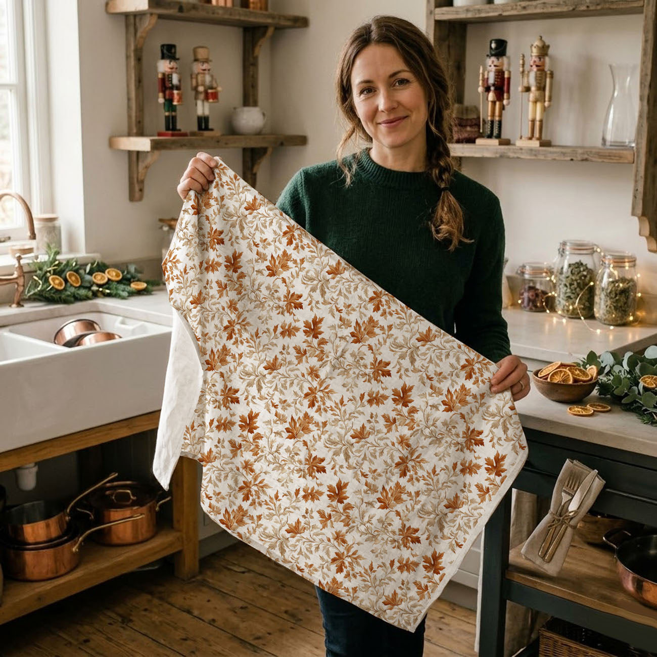 fall kitchen styling with foliage print flour sack towel
thanksgiving coffee station decorated with leaf dish towel
cozy fall brunch setup featuring autumn leaf towel