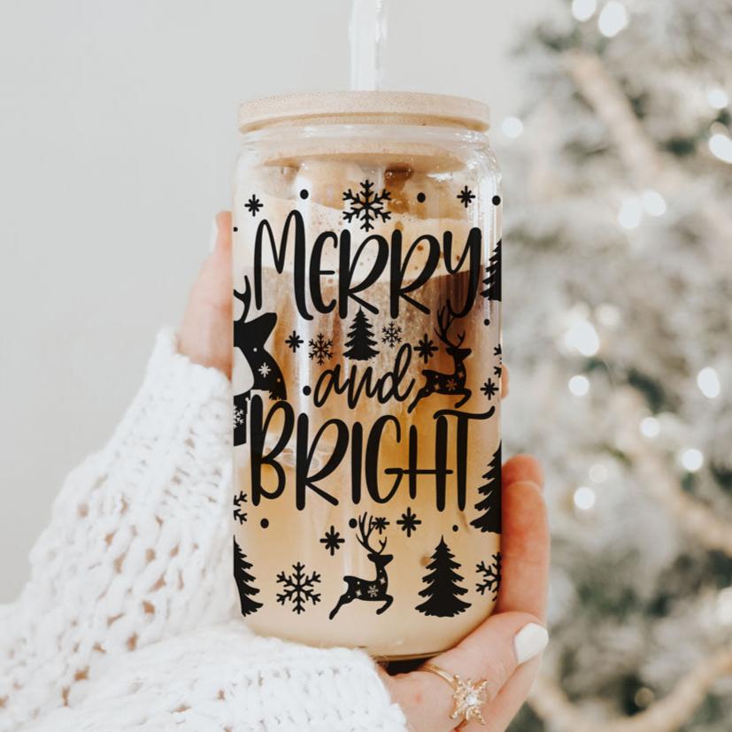 Merry and bright cup with lid and straws
reindeer glass decoration
reindeer glass bottle
merry and bright mug
merry & bright mug