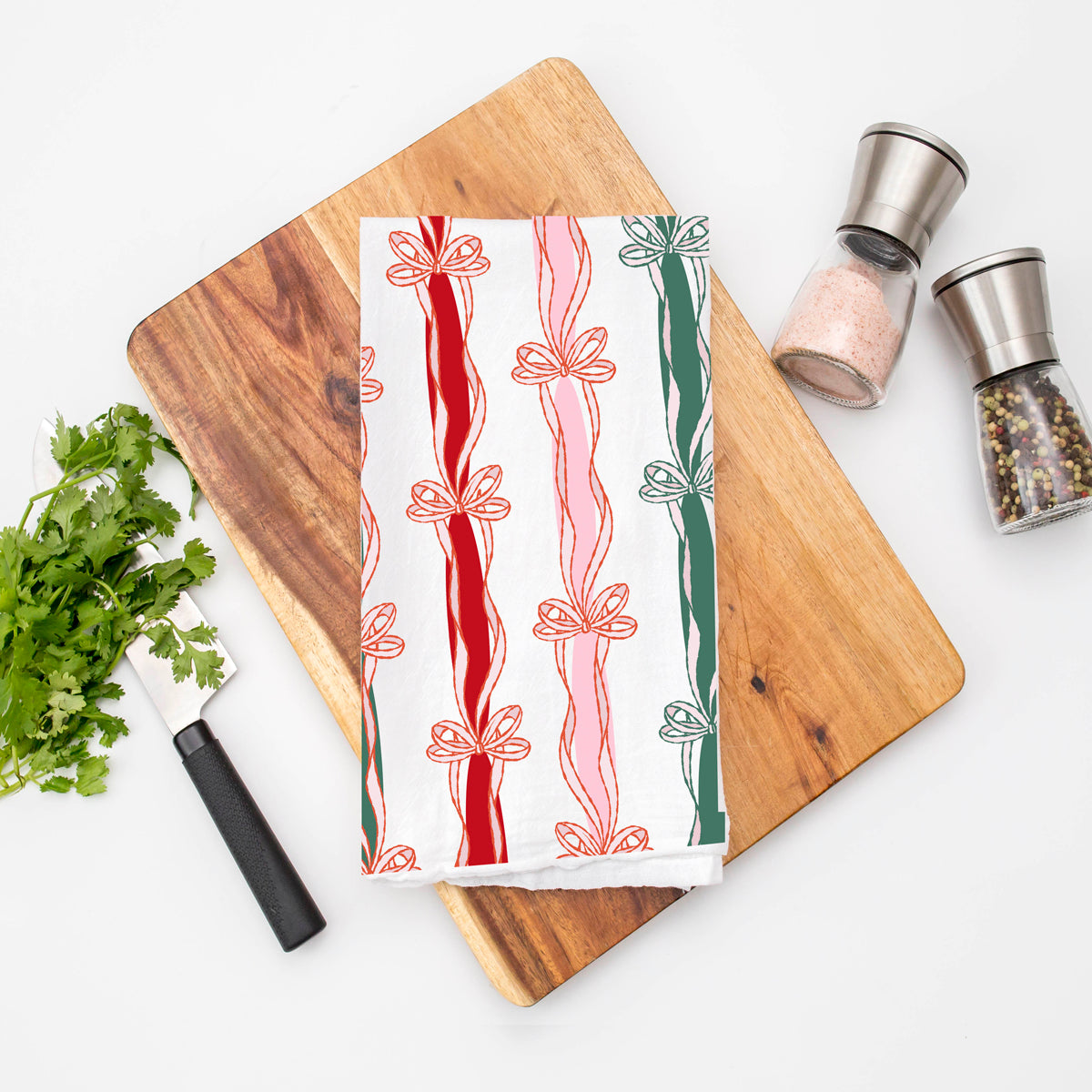 Holiday kitchen towel bow design
Elegant bow Christmas kitchen towel
Green pink red Christmas kitchen towel