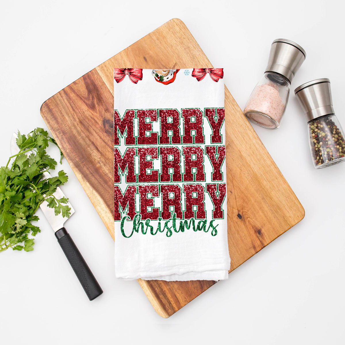 Christmas bow kitchen styling accessories
Red ribbon Christmas kitchen towel
Bow design Christmas kitchen essentials