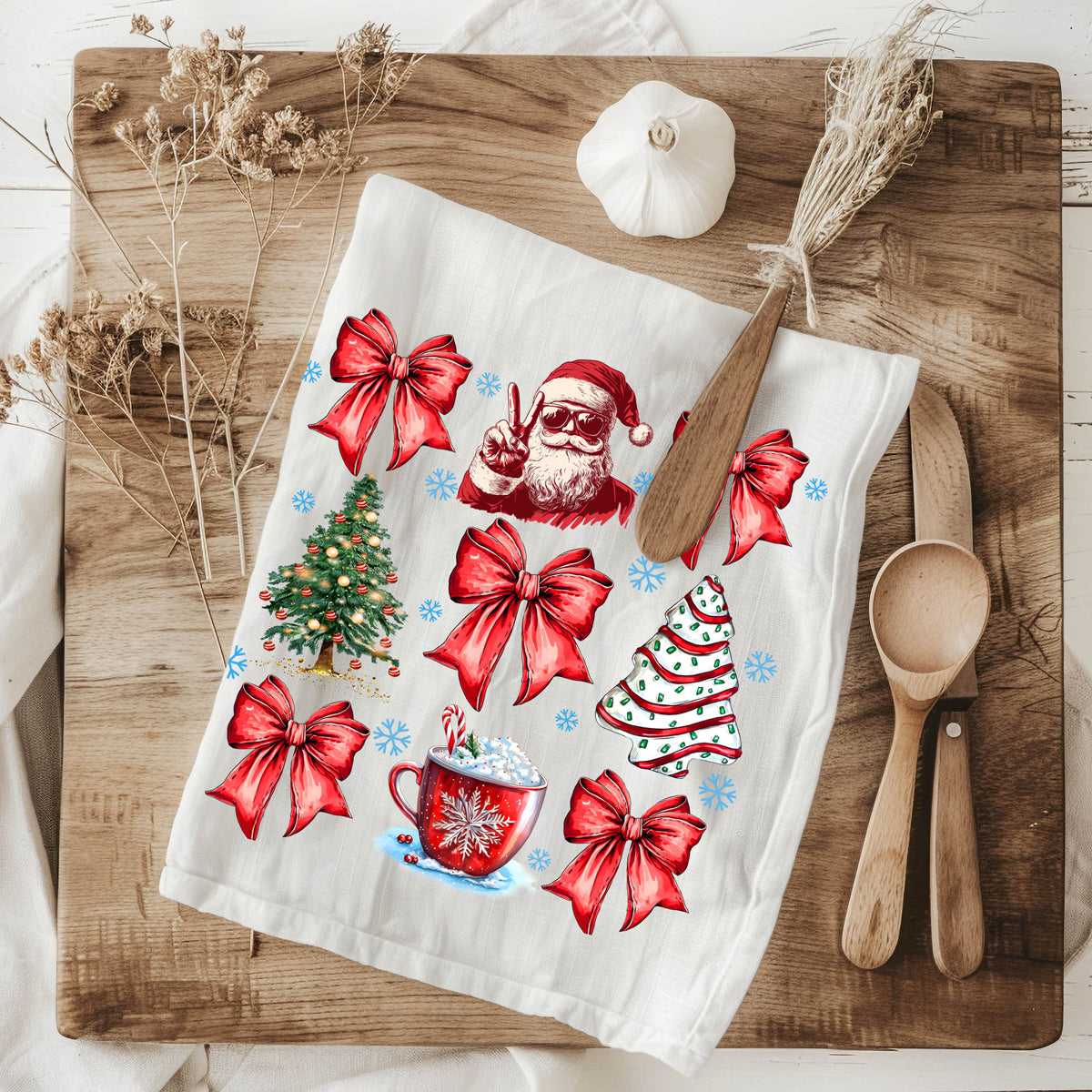 High end Christmas kitchen accessories
Sophisticated holiday kitchen decor
Glitter Christmas kitchen towel bow