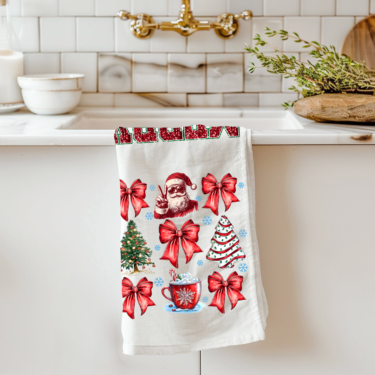 Aesthetic bow Christmas kitchen towel
Christmas kitchen towel trendy design
Holiday aesthetic kitchen accessories
