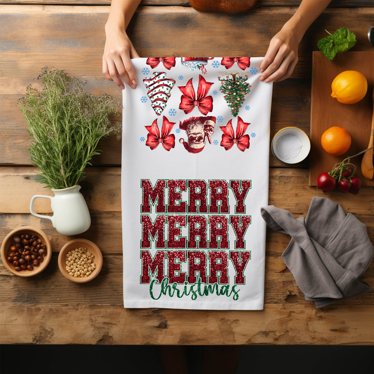 Sophisticated Christmas kitchen towel bow
Elevated holiday kitchen accessories
Upscale Christmas kitchen towel design
