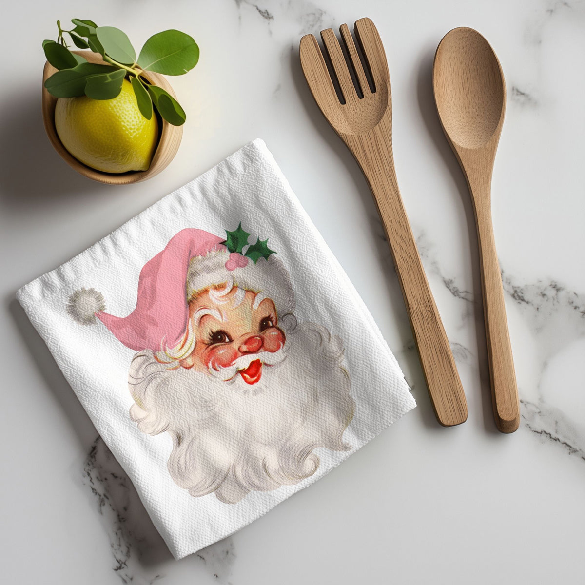 Pink Santa kitchen towel stocking stuffer
Holiday kitchen accessories gift pink
Christmas kitchen essentials pink Santa