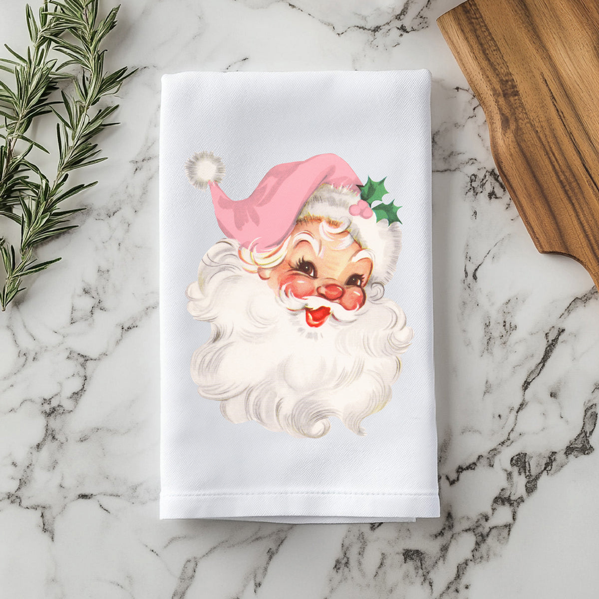 Pink Santa Christmas kitchen towel cotton
Vintage pink Santa kitchen towel design
Christmas kitchen towel pink Santa