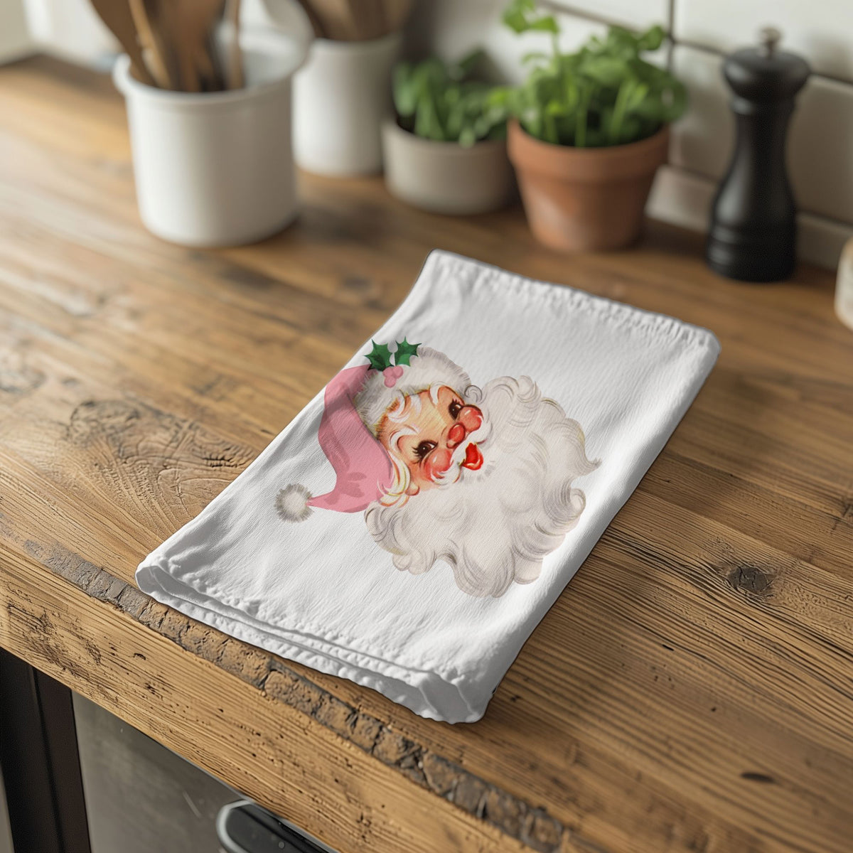 Vintage holiday kitchen towel Santa
Classic Christmas kitchen towel pink
Pink Christmas kitchen towel Santa
Pink holiday kitchen towel design