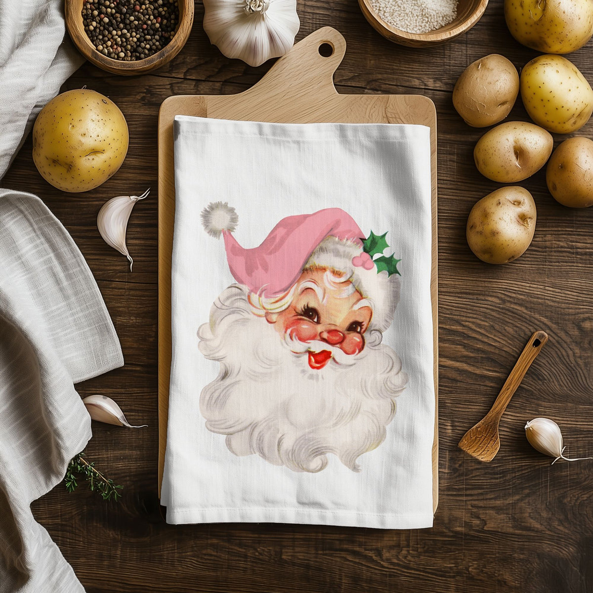 Holiday kitchen towel vintage pink Santa
Pink Santa Christmas kitchen essentials
Vintage pink Christmas kitchen towel