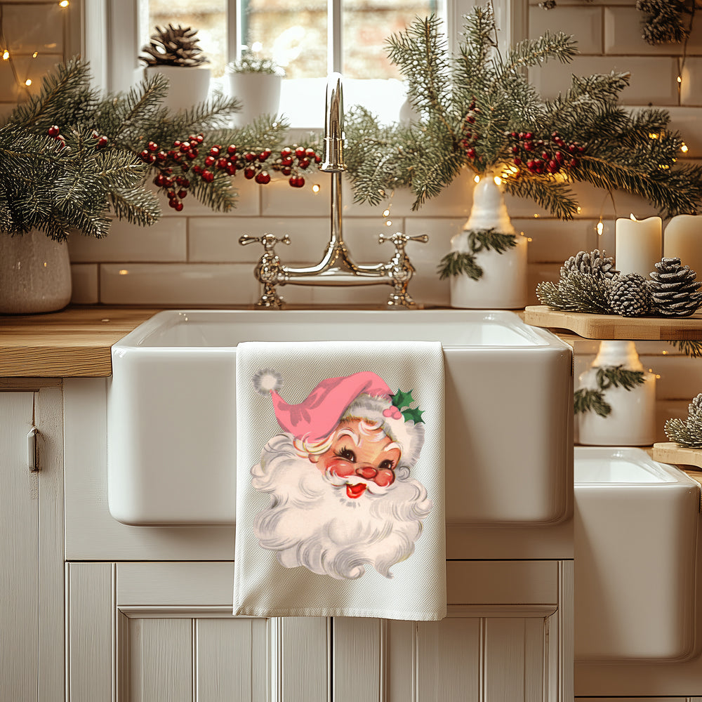 Pink Christmas kitchen towel gift wrap
Vintage Santa kitchen decor gift set
Pink Santa kitchen towel stocking stuffer
Vintage Christmas kitchen towel gift