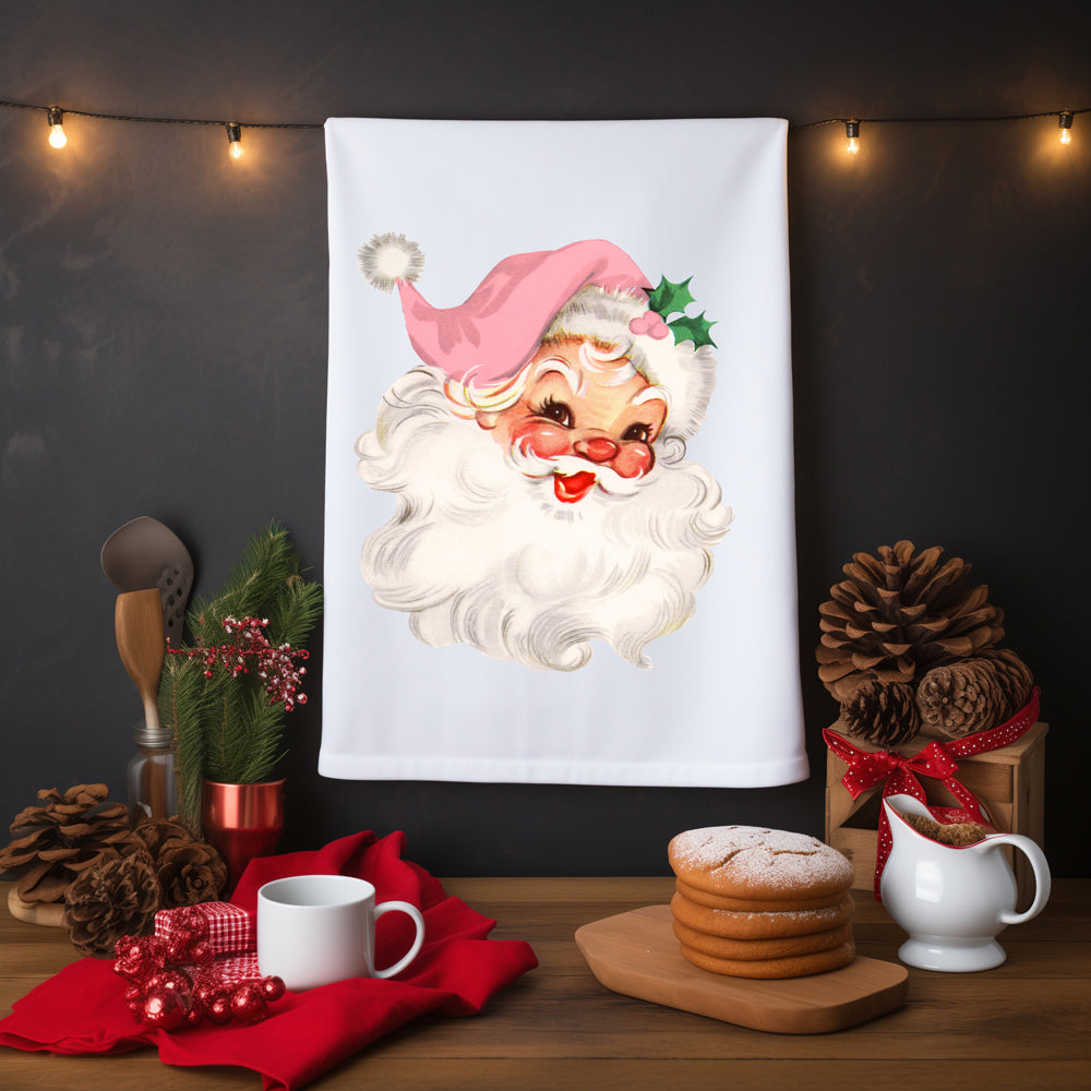 Limited edition pink Santa kitchen towel
Exclusive vintage Santa kitchen decor
Popular pink Christmas kitchen towel