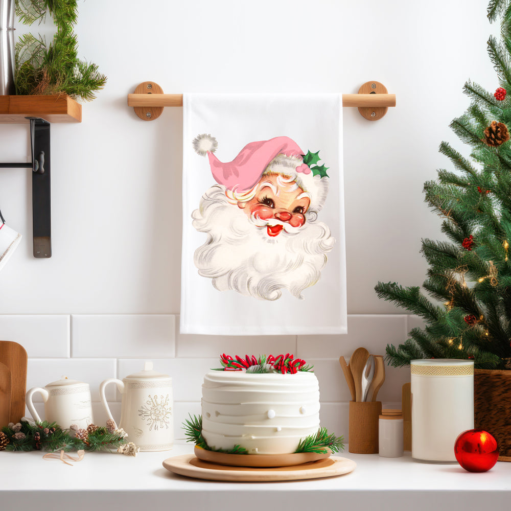 Pink Santa kitchen towel ships within 72 hours
Fast shipping vintage Santa kitchen decor
Express delivery pink Christmas kitchen towel