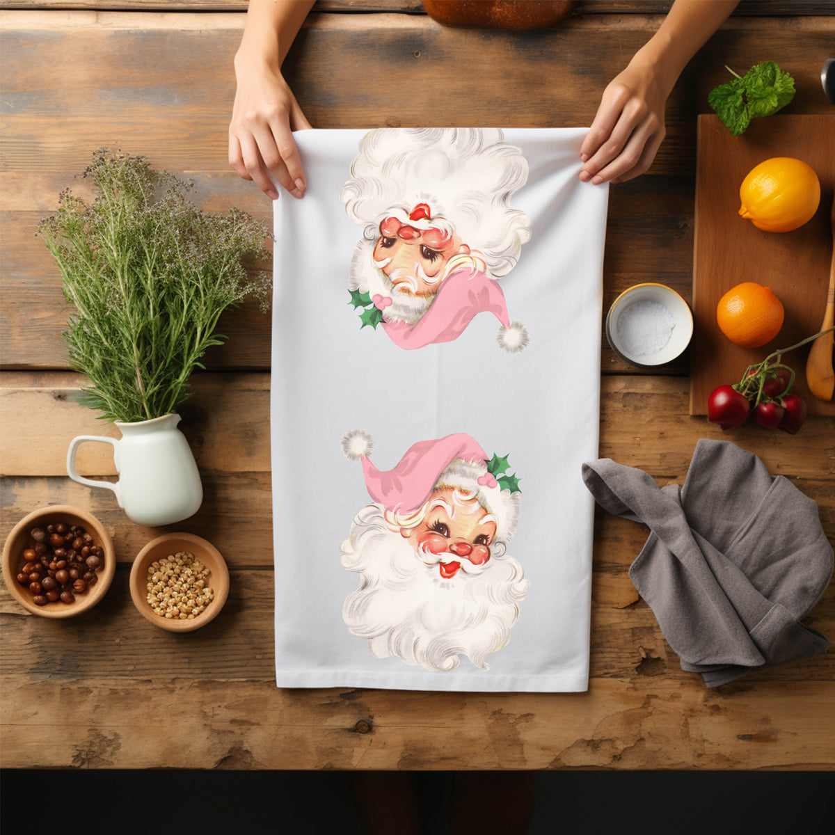 Retro holiday kitchen towel pink
Vintage pink Christmas kitchen accessories
Classic Santa kitchen towel pink
Retro Christmas kitchen decor towel