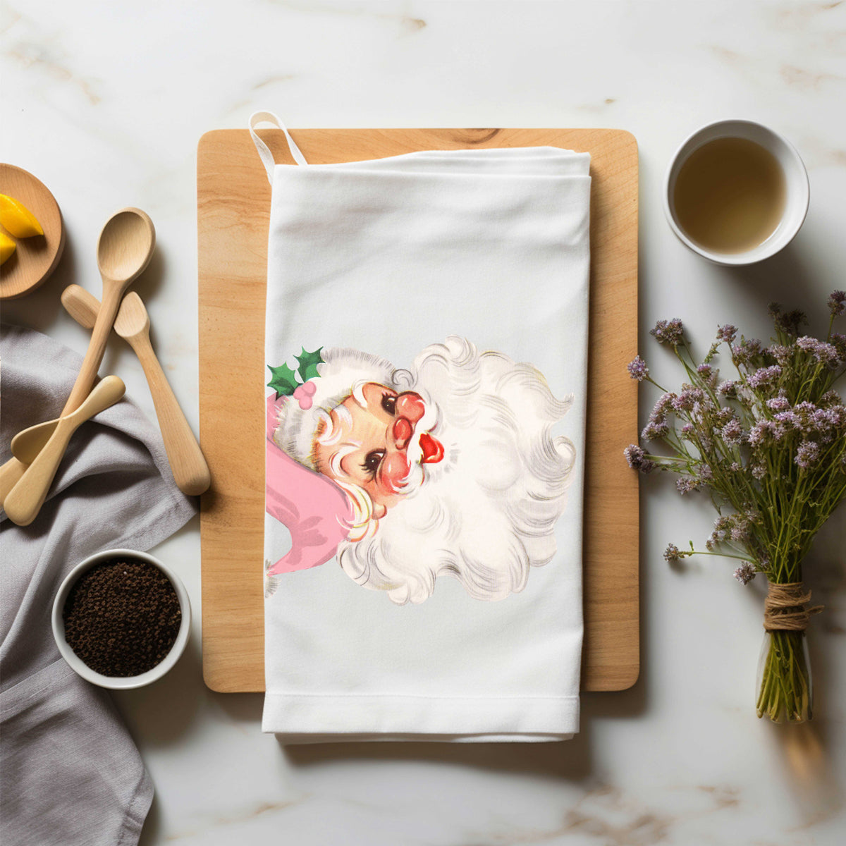 Vintage Santa Christmas kitchen towel
Retro pink Santa kitchen towel
Classic pink Santa kitchen decor
Vintage Christmas kitchen towel design
