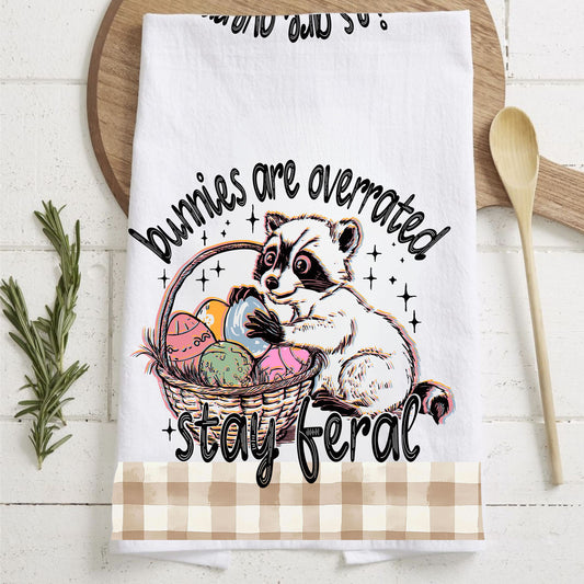Bunnies overrated kitchen towel funny raccoon Easter
Stay feral raccoon towel Easter eggs humor farmhouse
Funny Easter dish towel raccoon basket gingham spring
Chaotic raccoon kitchen towel Easter humor eggs