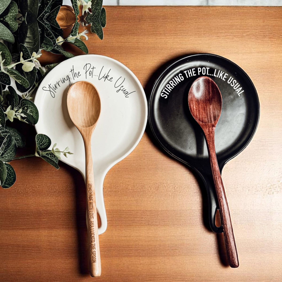 Cute black spoon rest with attitude for modern kitchens
Minimalist kitchen spoon rest in white with sassy quote