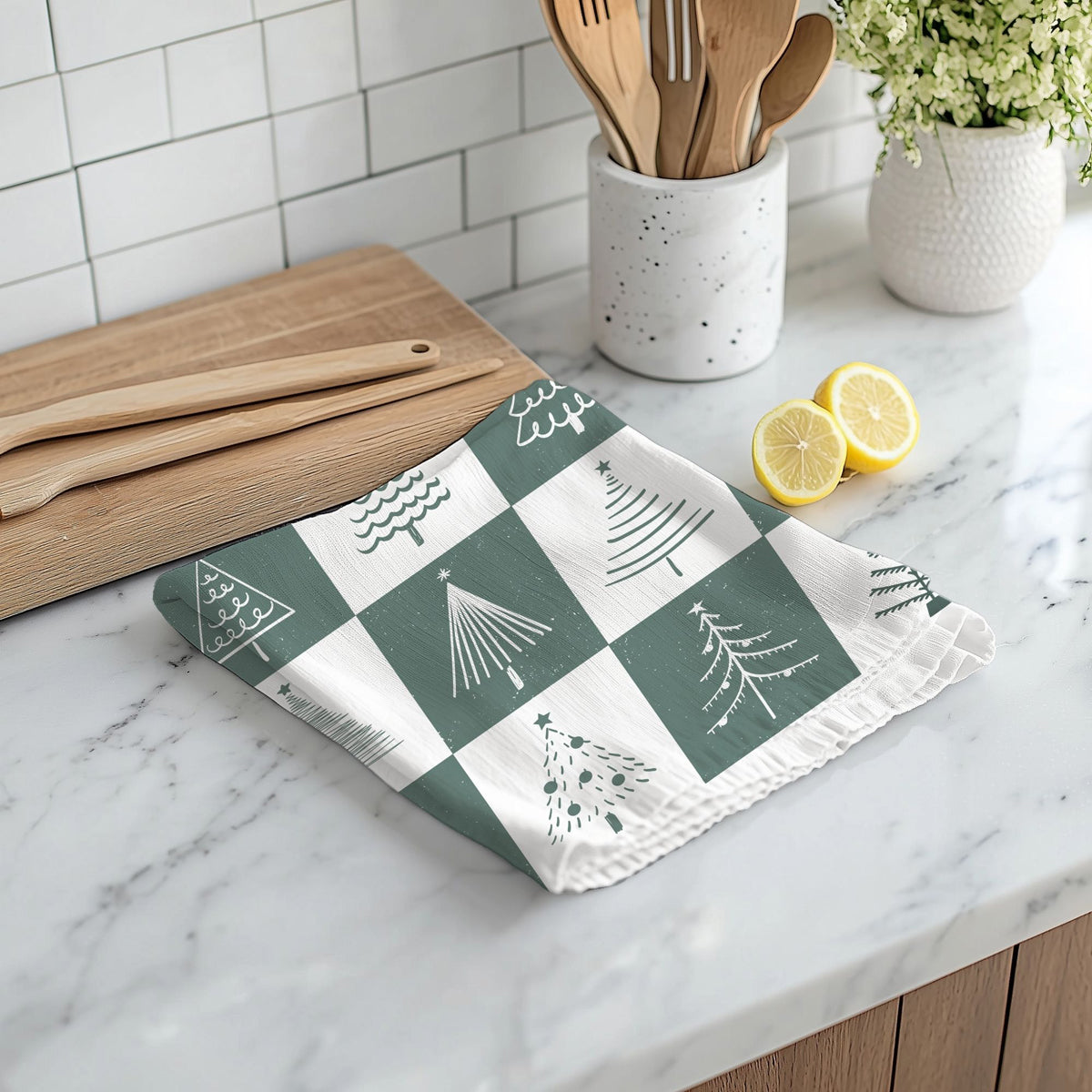 Christmas tree pattern kitchen towel
Holiday block design kitchen towel
Christmas tree checkerboard pattern
Traditional handmade Christmas decor
Folk art Christmas kitchen towel