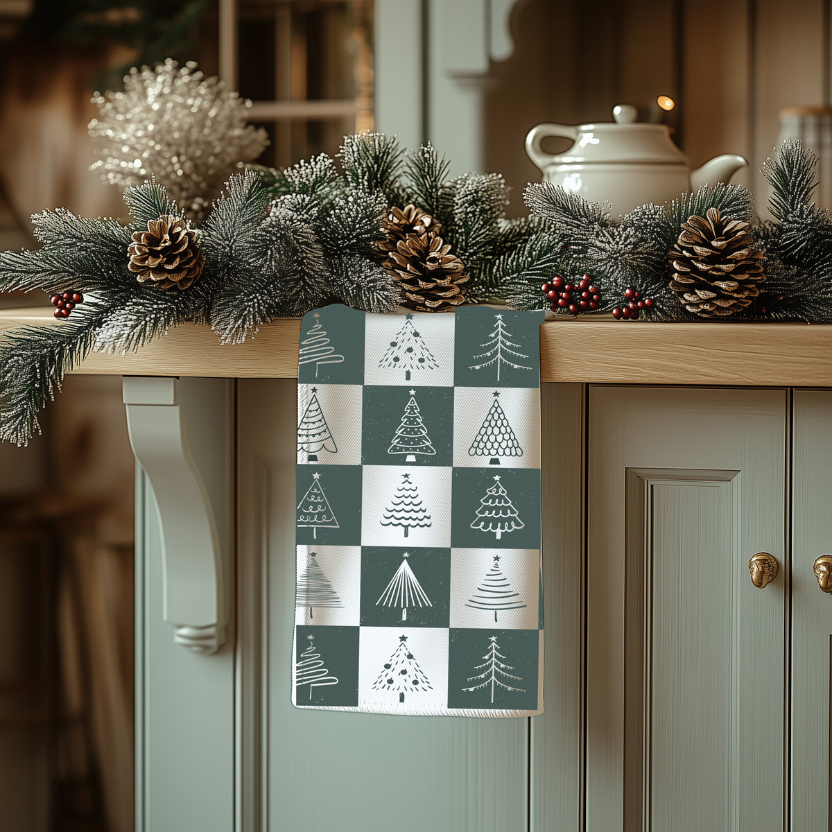Christmas tree kitchen theme accessories
Christmas kitchen transformation towel
Sage green Christmas kitchen decor
Green white holiday kitchen towel
Holiday kitchen textiles tree design